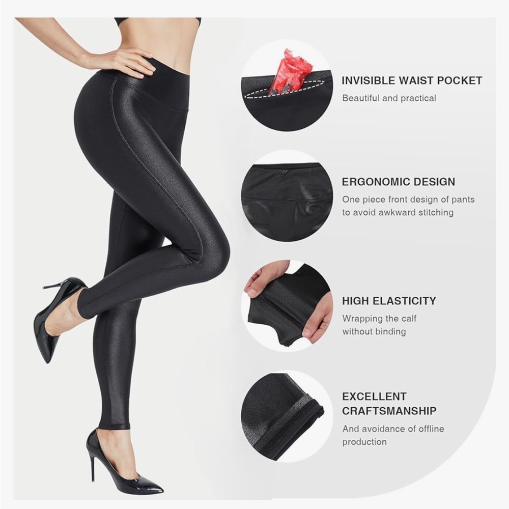 🕶️New Black Faux Leather Leggings Ankle Skinny Pants LARGE Stretch Slimming - Picture 4 of 10